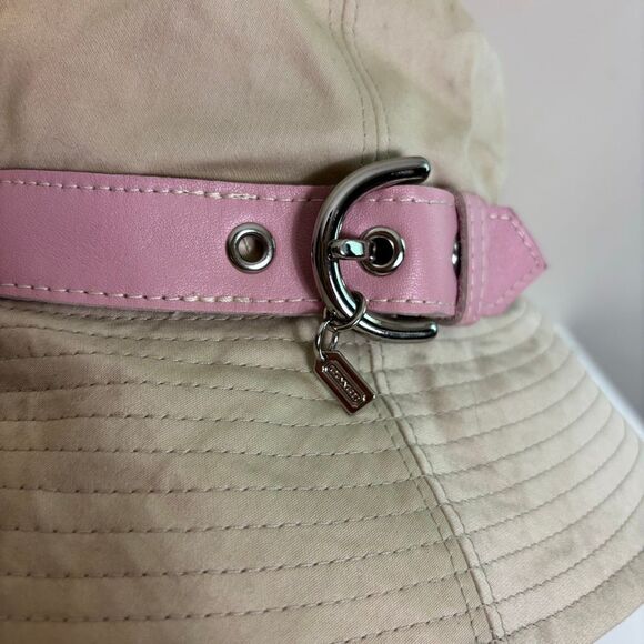 Coach Cream with Pink Leather Buckle Bucket Hat Size Small - Picture 5 of 8